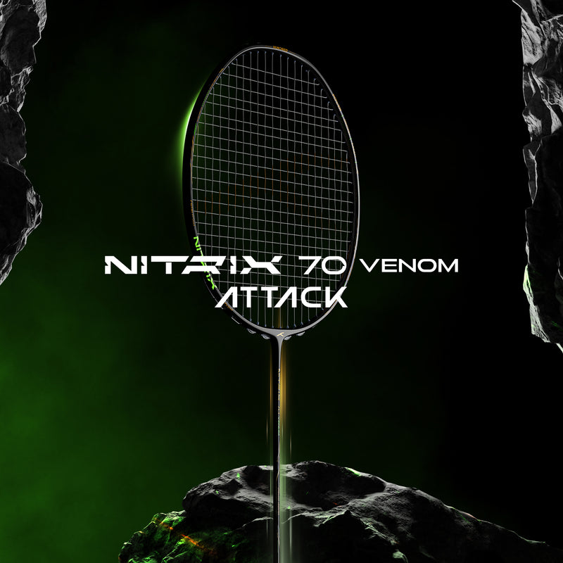 Badminton racket with 'Nitrix 70 Venom Attack' text against a dark, rocky background